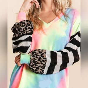 BiBi Tie Dye Colorblock Sleeve Top